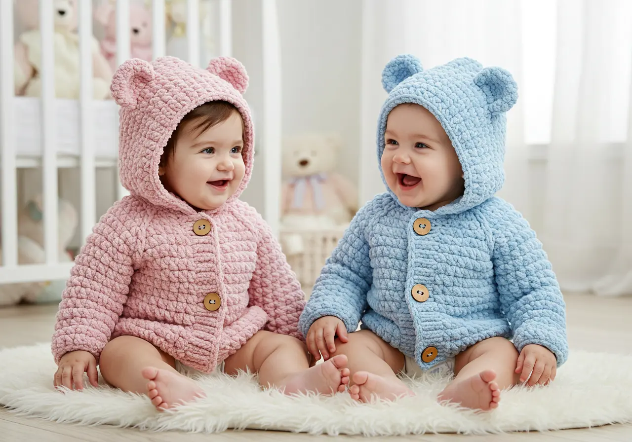 Handmade crochet baby sweater in soft pastel colors, folded neatly on a cozy blanket.
