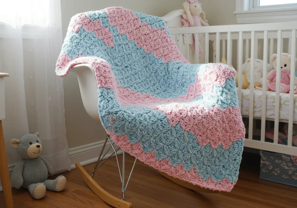 Soft pastel-colored crochet baby blanket made with shell stitch, folded neatly on a white nursery chair.