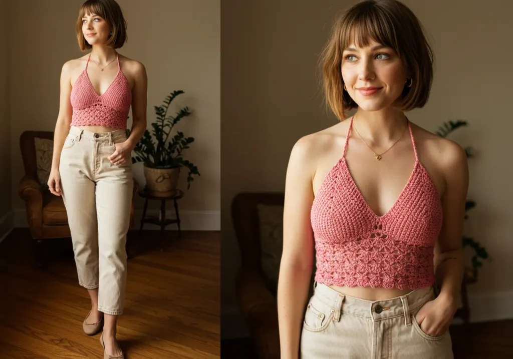 Crochet halter top handmade with cotton yarn, perfect for summer fashion