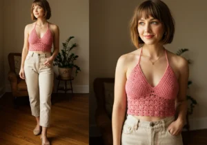 Crochet halter top handmade with cotton yarn, perfect for summer fashion