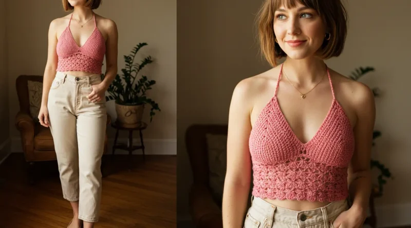 Crochet halter top handmade with cotton yarn, perfect for summer fashion
