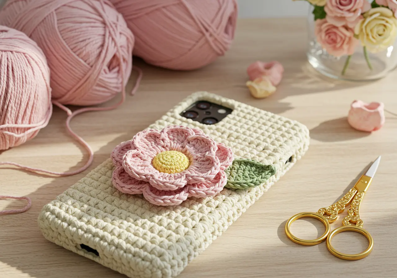 Pink Flower Crochet Phone Case