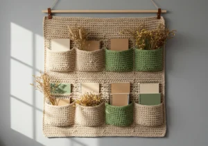 Crochet organizer wall hanging with a cream base and 3×3 pockets in cream, sage, and beige on a wooden dowel.