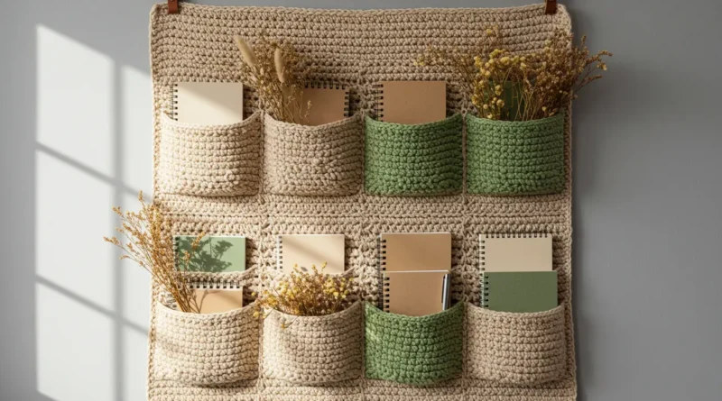 Crochet organizer wall hanging with a cream base and 3×3 pockets in cream, sage, and beige on a wooden dowel.