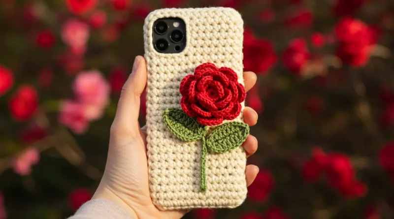 Beige crochet phone case with a red 3D rose and green leaves, handmade with worsted cotton yarn.