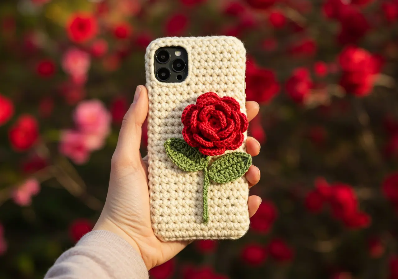 Beige crochet phone case with a red 3D rose and green leaves, handmade with worsted cotton yarn.