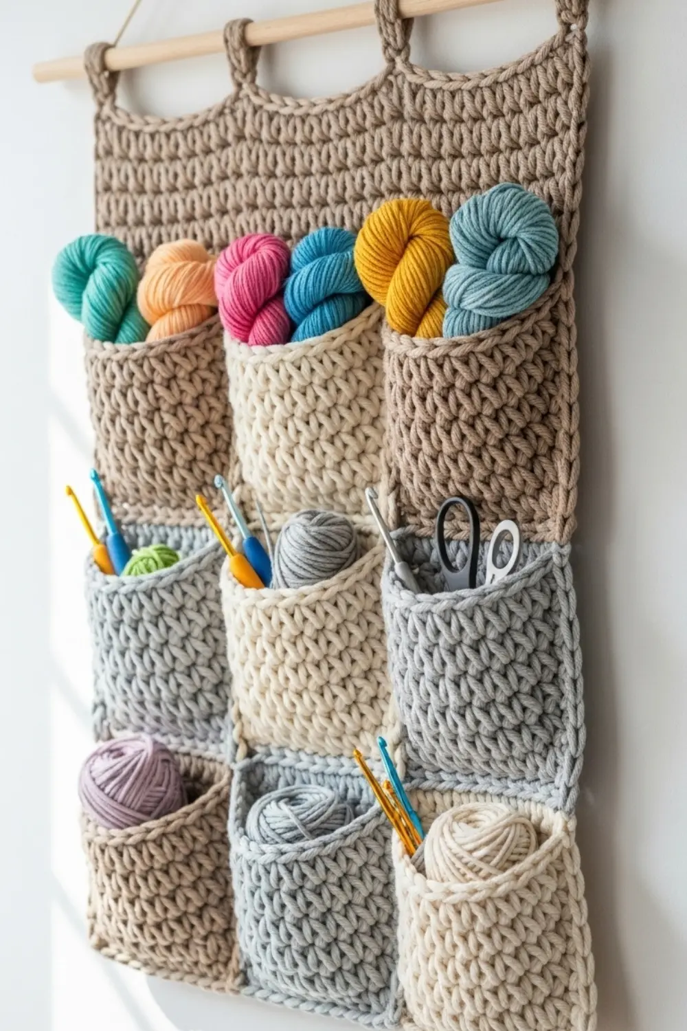 Handmade crochet wall organizer in neutral yarn with multiple storage pockets