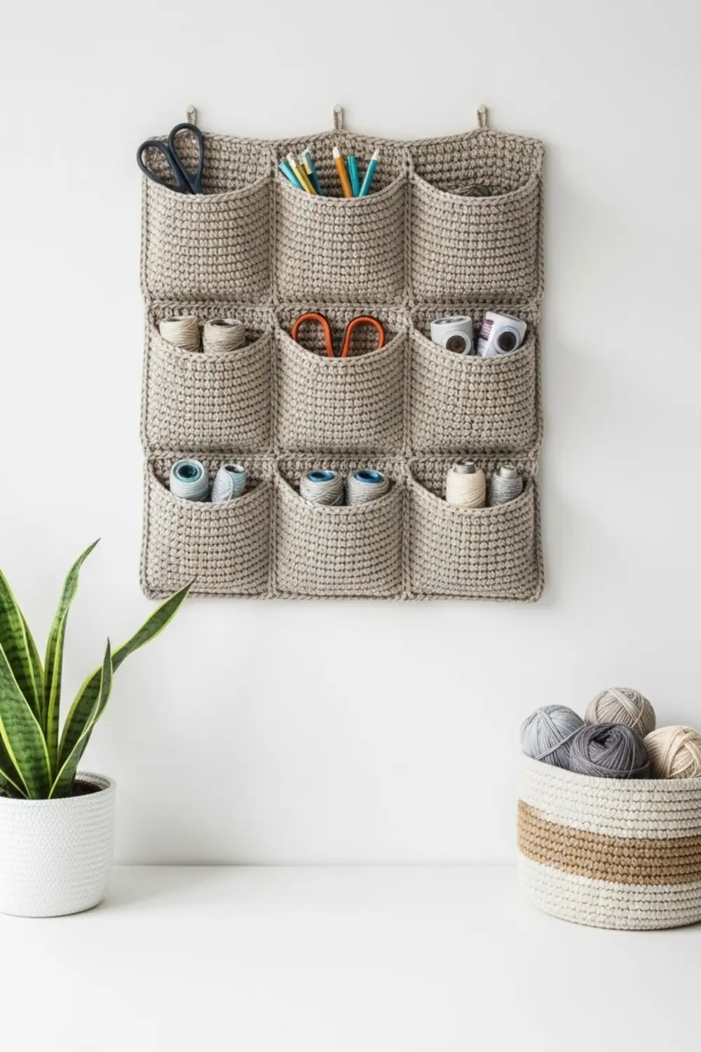 Handmade crochet wall organizer in neutral yarn with multiple storage pockets
