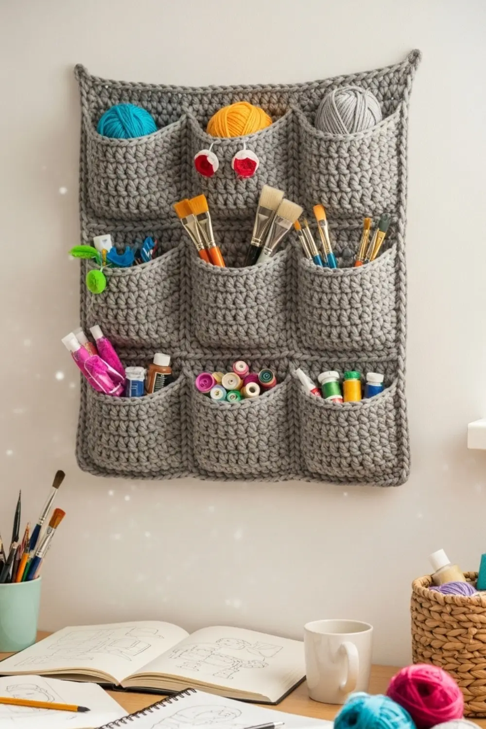 Handmade crochet wall organizer in neutral yarn with multiple storage pockets
