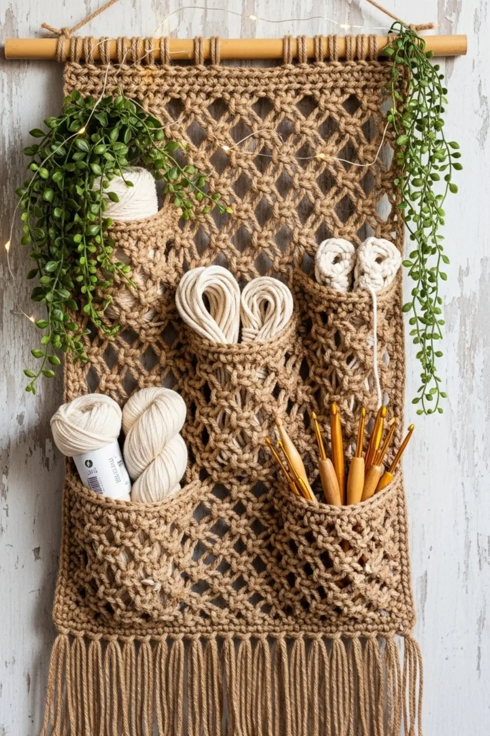 Handmade crochet wall organizer in neutral yarn with multiple storage pockets