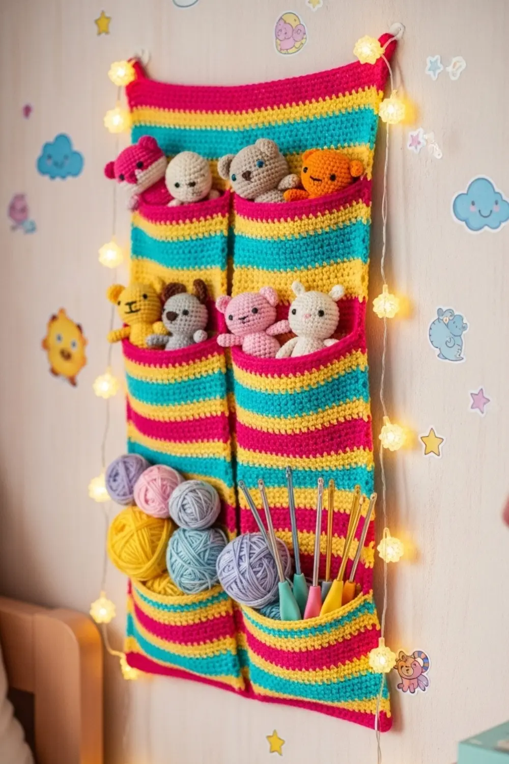 Handmade crochet wall organizer in neutral yarn with multiple storage pockets