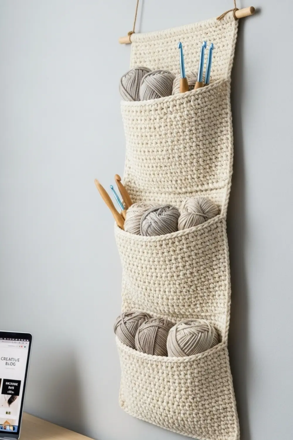 Handmade crochet wall organizer in neutral yarn with multiple storage pockets
