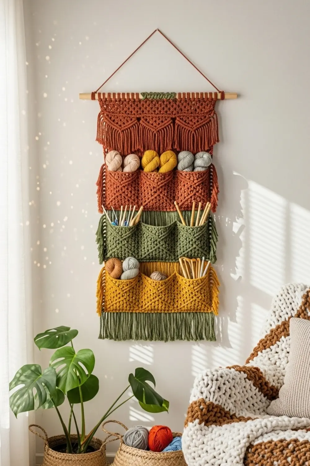 Handmade crochet wall organizer in neutral yarn with multiple storage pockets