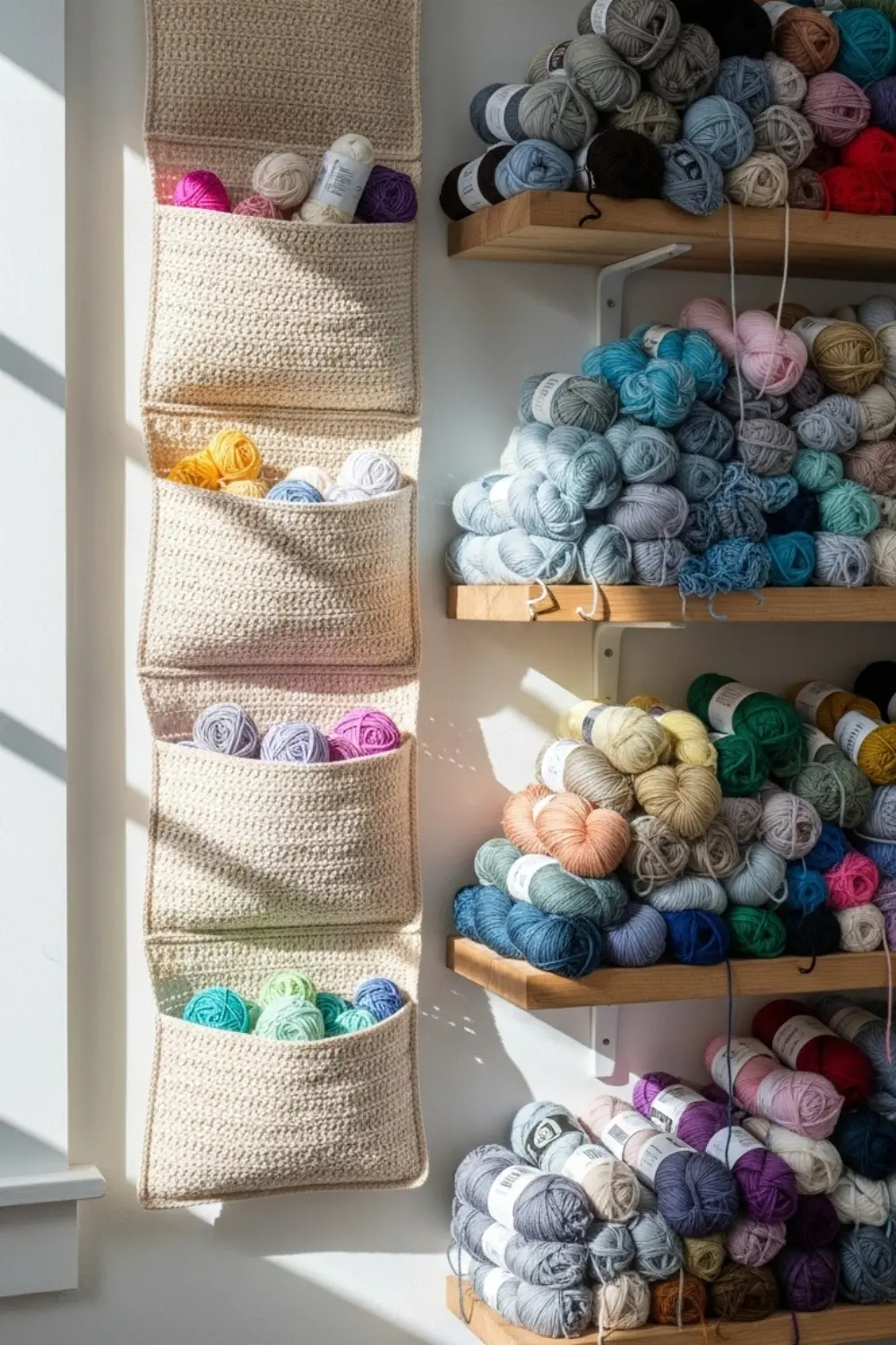 Handmade crochet wall organizer in neutral yarn with multiple storage pockets