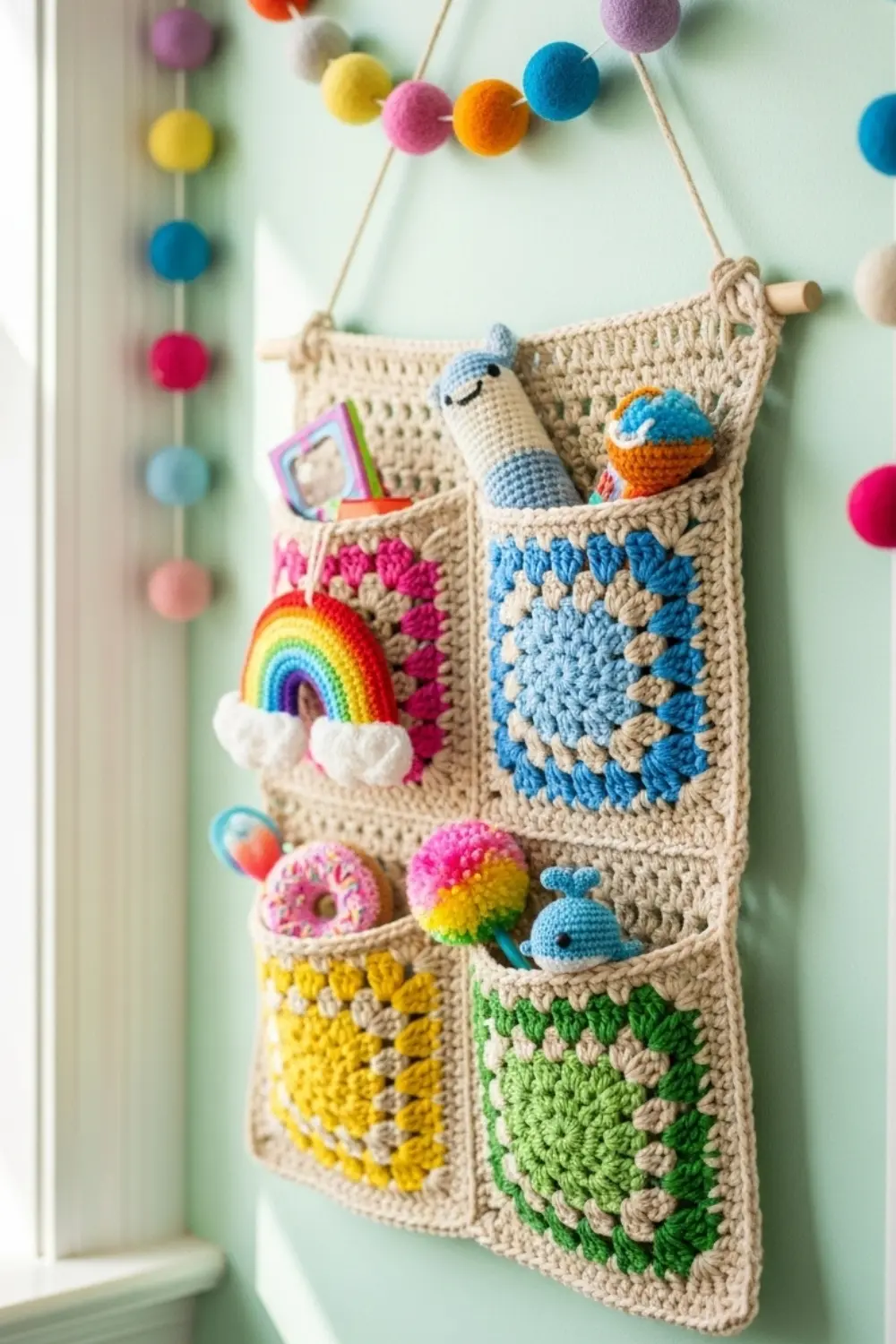 Handmade crochet wall organizer in neutral yarn with multiple storage pockets