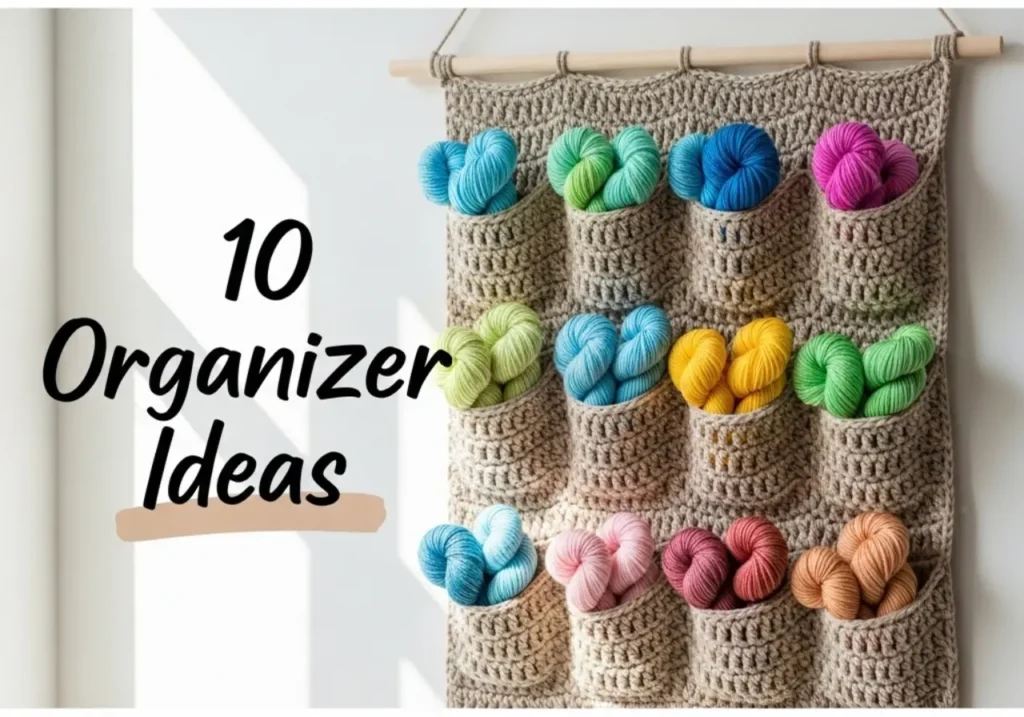 Handmade crochet wall organizer in neutral yarn with multiple storage pockets