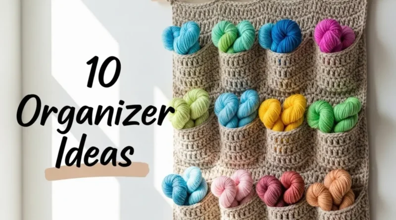 Handmade crochet wall organizer in neutral yarn with multiple storage pockets
