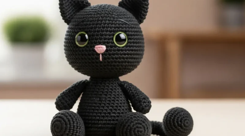Cute crochet cat pattern – handmade black amigurumi cat with green eyes and pink nose