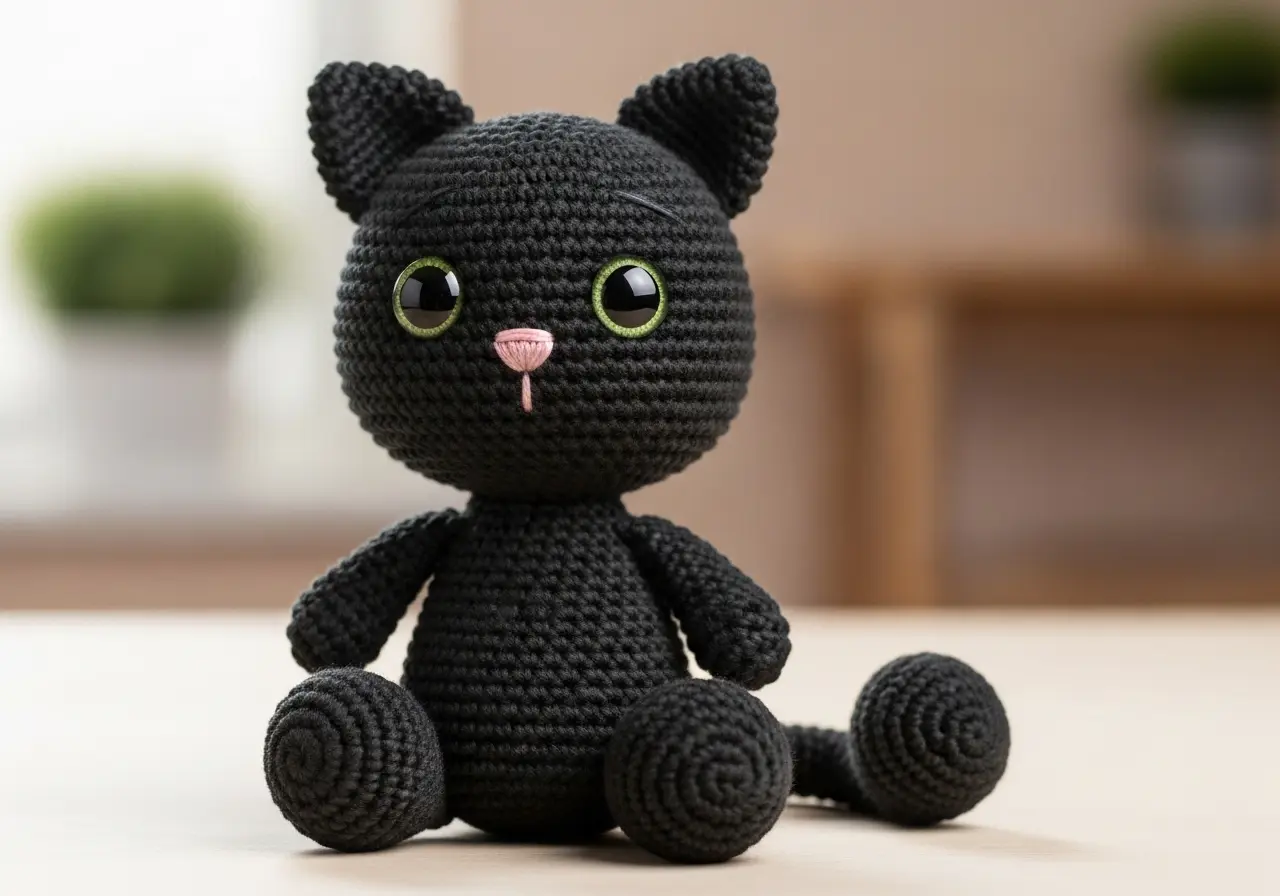 Cute crochet cat pattern – handmade black amigurumi cat with green eyes and pink nose