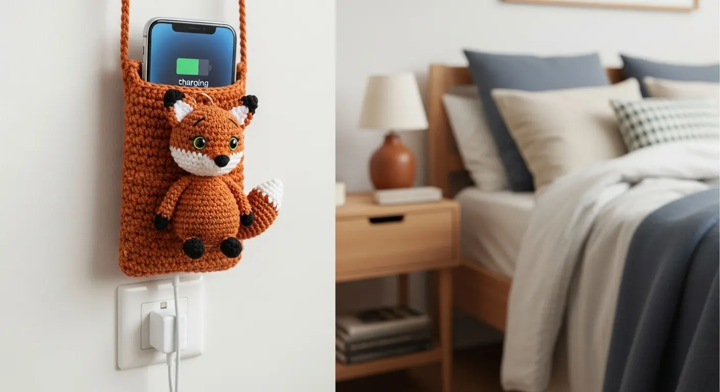 Crochet fox phone holder made with orange and white yarn holding a phone