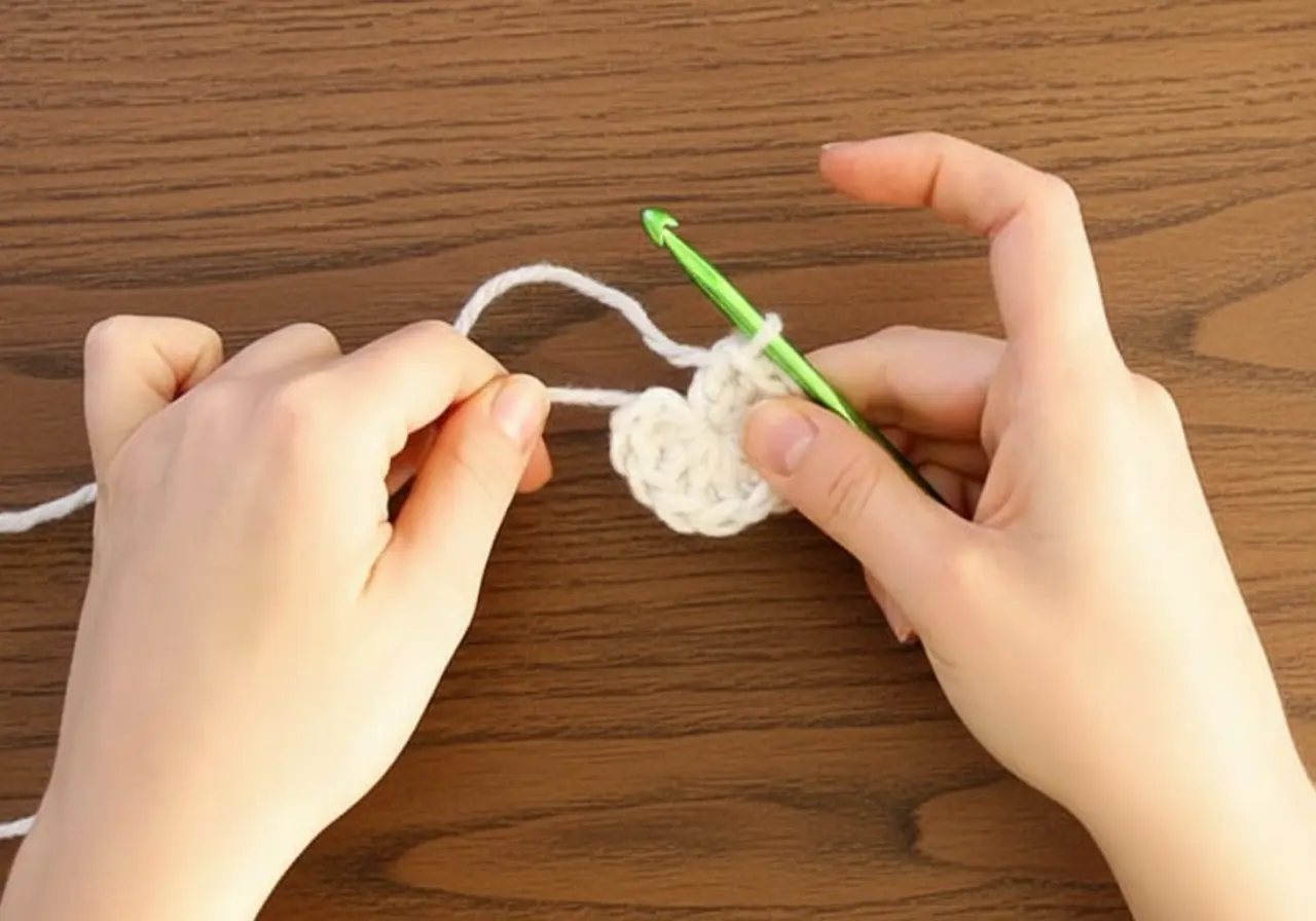 Small five-point crochet star ornament in cream bulky yarn hanging from jute on a decorated Christmas tree