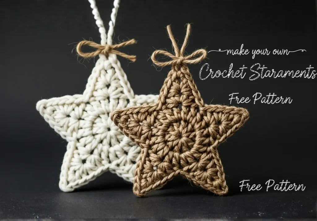 Small five-point crochet star ornament in cream bulky yarn hanging from jute on a decorated Christmas tree