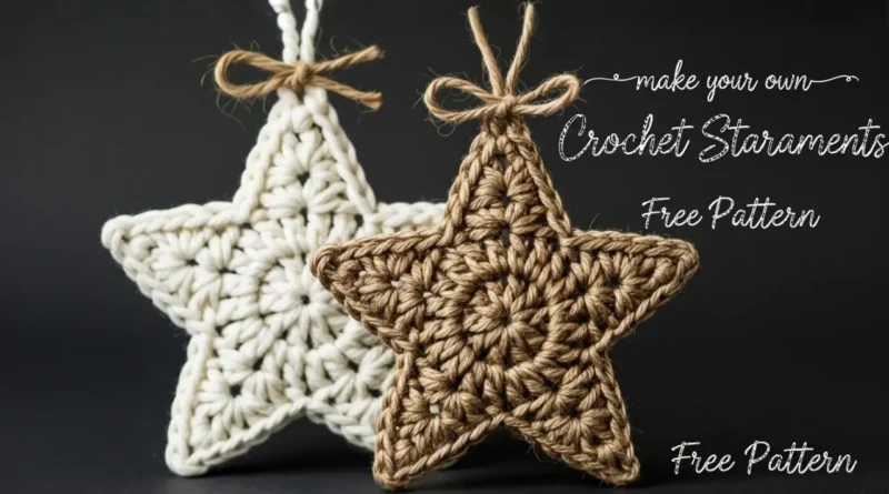 Small five-point crochet star ornament in cream bulky yarn hanging from jute on a decorated Christmas tree