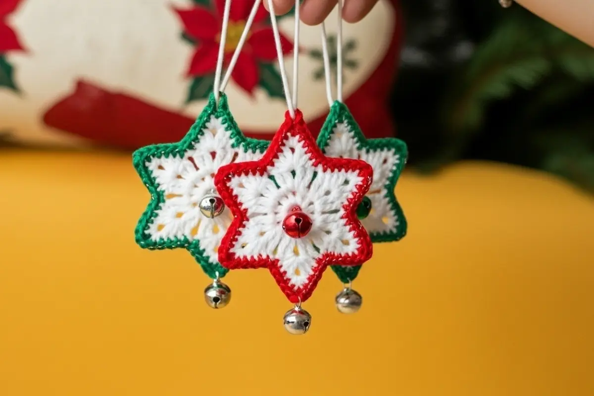 Christmas Star Crochet Pattern – handmade white crochet star ornament with silver edging