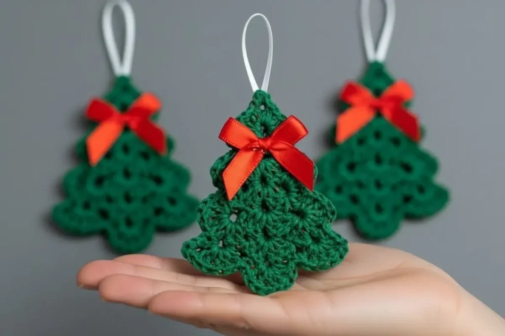 crochet christmas tree doily made of fan motifs in green yarn