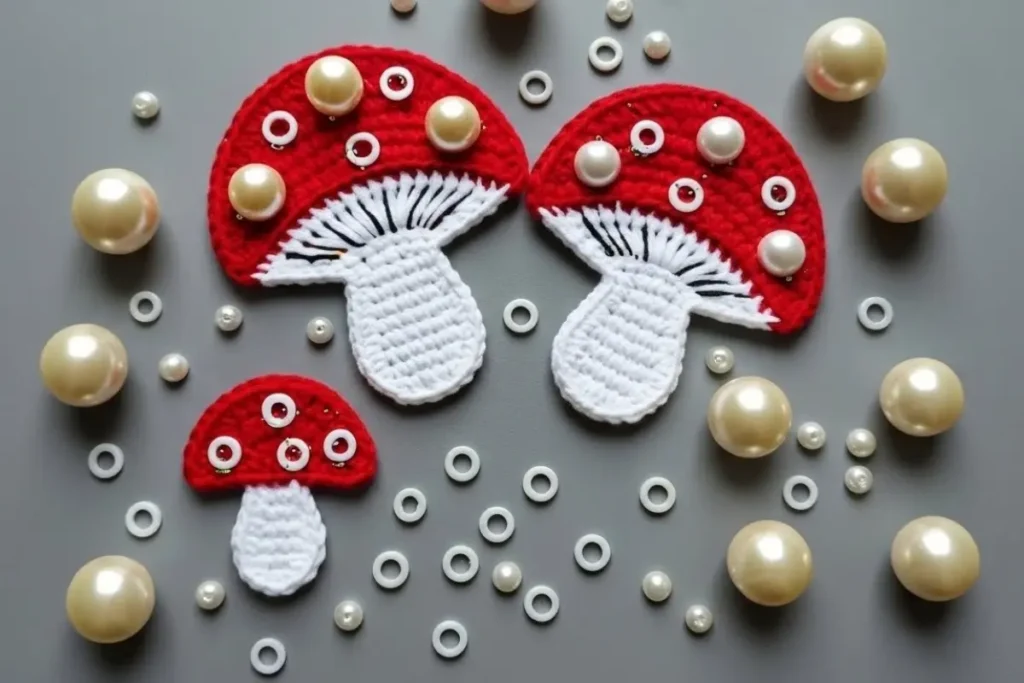 Crochet mushroom applique pattern made with worsted weight yarn in red and cream colors