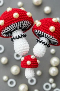 Crochet mushroom applique pattern made with worsted weight yarn in red and cream colors