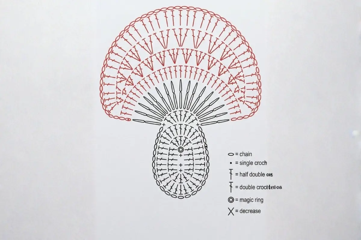 Crochet mushroom applique pattern made with worsted weight yarn in red and cream colors