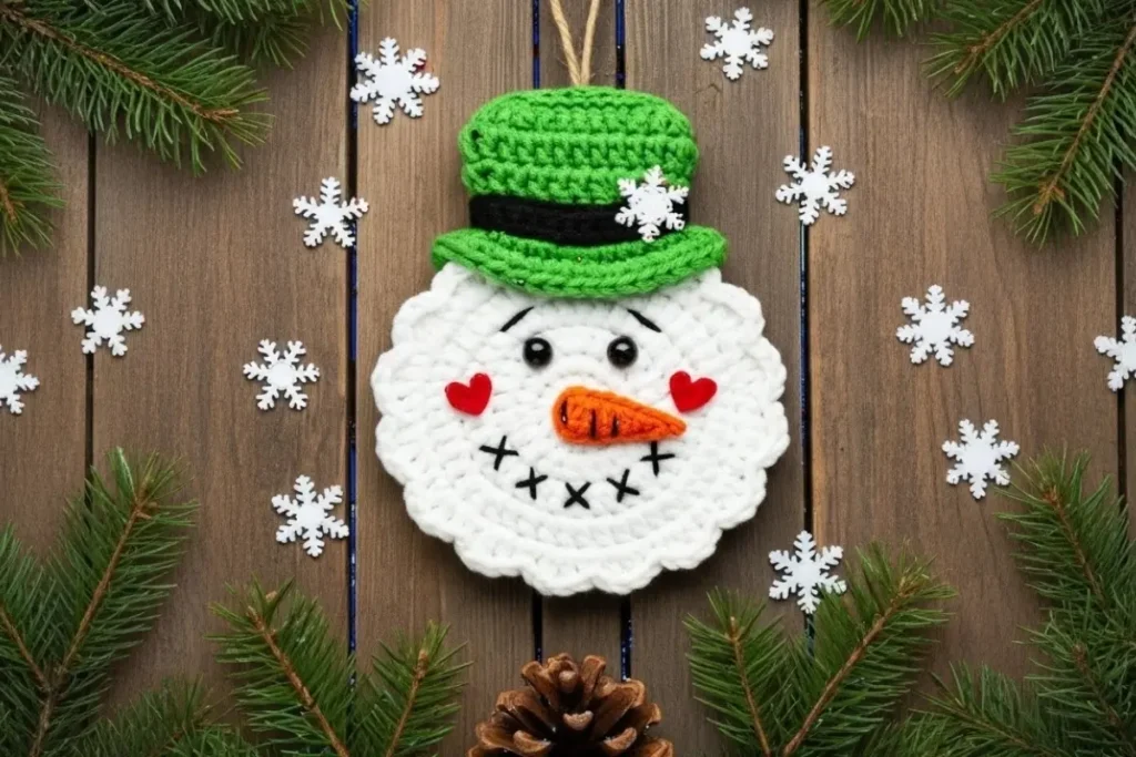Cute crochet snowman ornament pattern with green hat and carrot nose