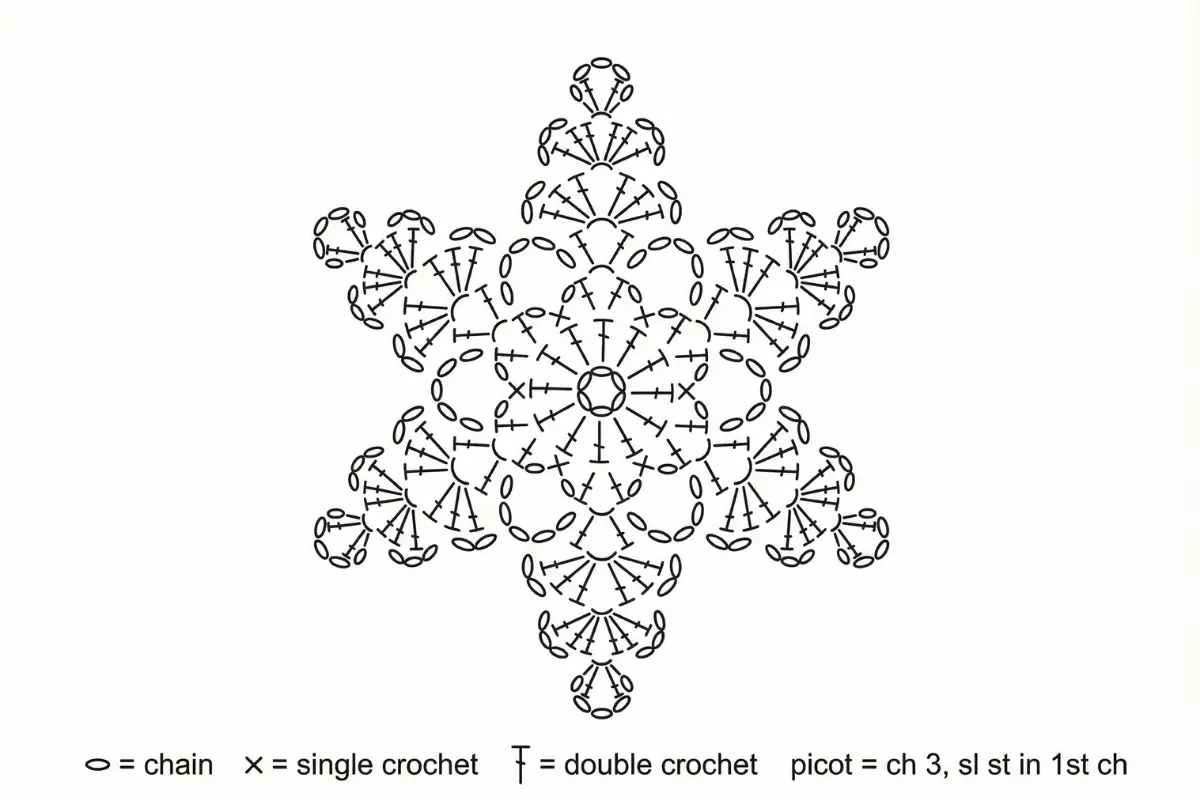 Handmade crochet snowflake pattern in white cotton thread, easy winter decoration diagram