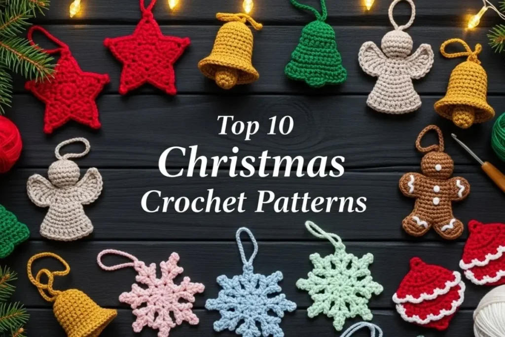 Beautiful display of handmade Christmas crochet patterns including stars, bells, angels, and ornaments.