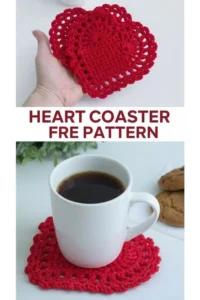 Crochet heart coaster pattern made with cotton yarn in US crochet terms