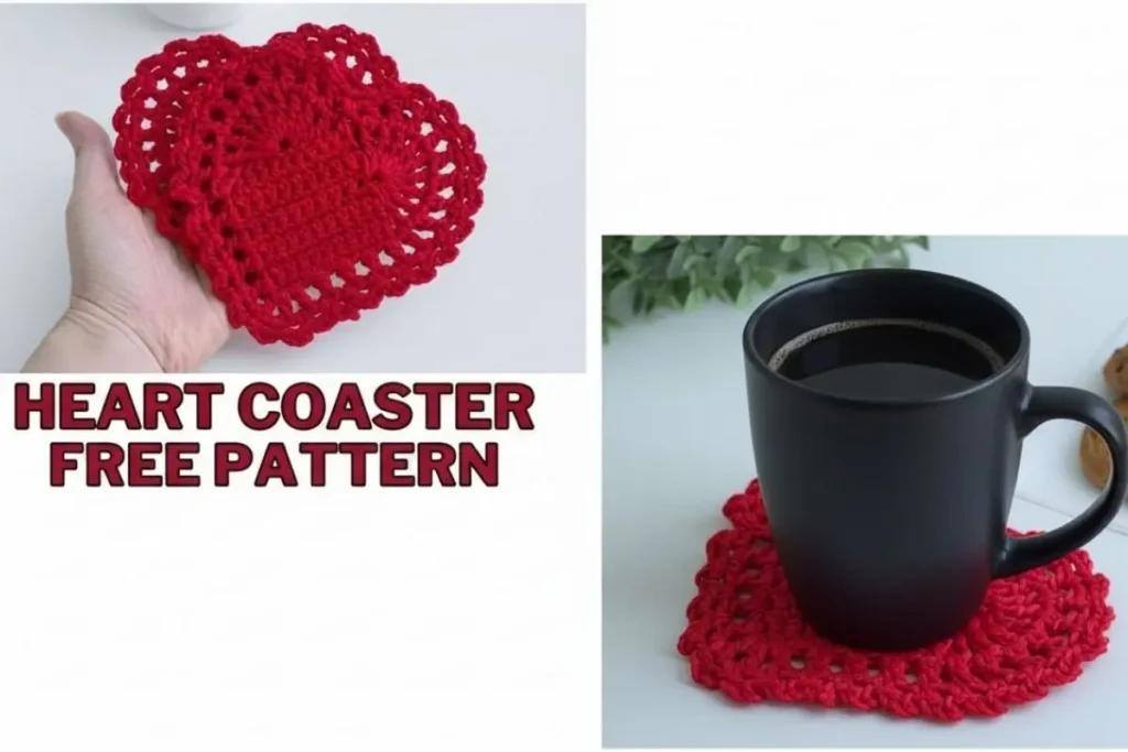 Crochet heart coaster pattern made with cotton yarn in US crochet terms
