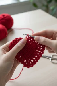 Crochet heart coaster pattern made with cotton yarn in US crochet terms