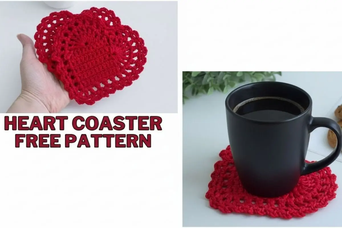 Crochet heart coaster pattern made with cotton yarn in US crochet terms