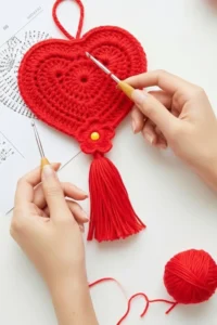 Crochet heart hanging ornament with tassel made in cotton yarn