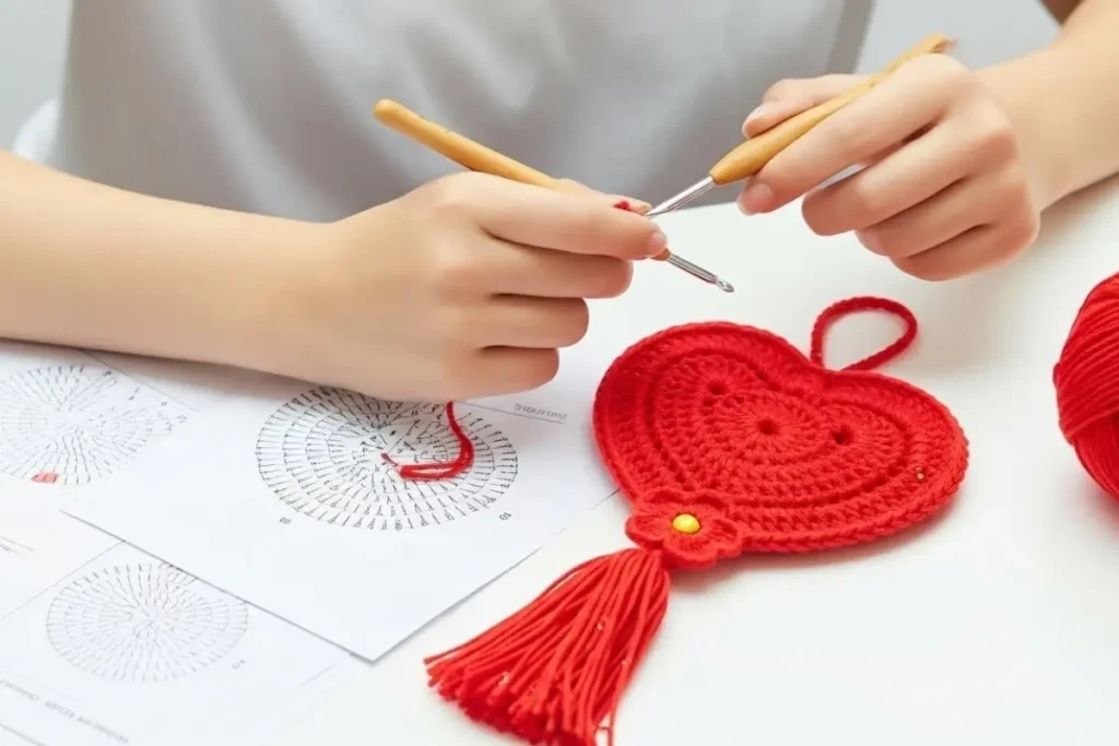 Crochet heart hanging ornament with tassel made in cotton yarn