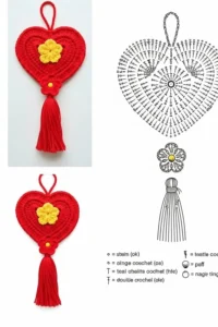 Crochet heart hanging ornament with tassel made in cotton yarn