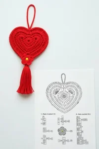 Crochet heart hanging ornament with tassel made in cotton yarn