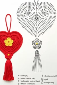 Crochet heart hanging ornament with tassel made in cotton yarn
