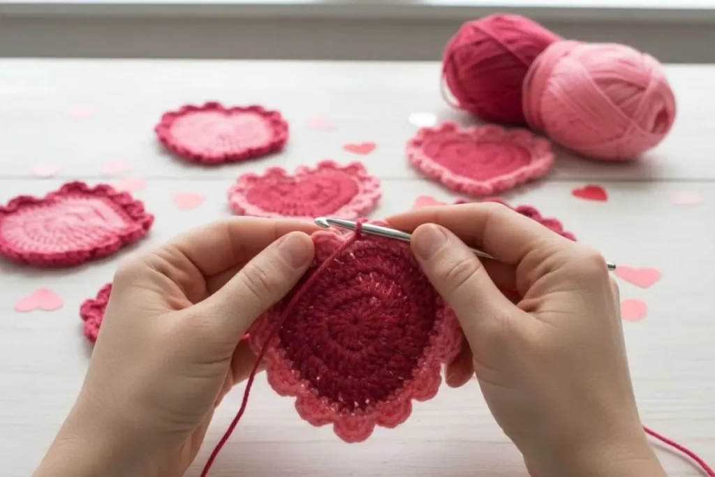 Crochet Heart Lace Motif with delicate scalloped edges handmade in cotton yarn