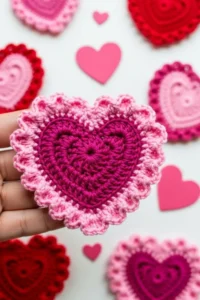 Crochet Heart Lace Motif with delicate scalloped edges handmade in cotton yarn