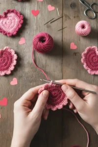 Crochet Heart Lace Motif with delicate scalloped edges handmade in cotton yarn