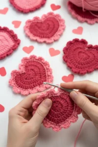 Crochet Heart Lace Motif with delicate scalloped edges handmade in cotton yarn