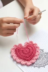 Crochet Heart Lace Motif with delicate scalloped edges handmade in cotton yarn