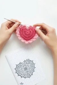 Crochet Heart Lace Motif with delicate scalloped edges handmade in cotton yarn